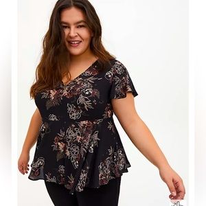 Torrid Babydoll Georgette Flutter Sleeve Blouse - Floral and Skull Pattern